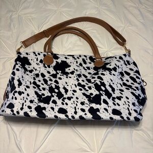 Cow Print Tote Bag with Brown Trim - Stylish Women’s Handbag